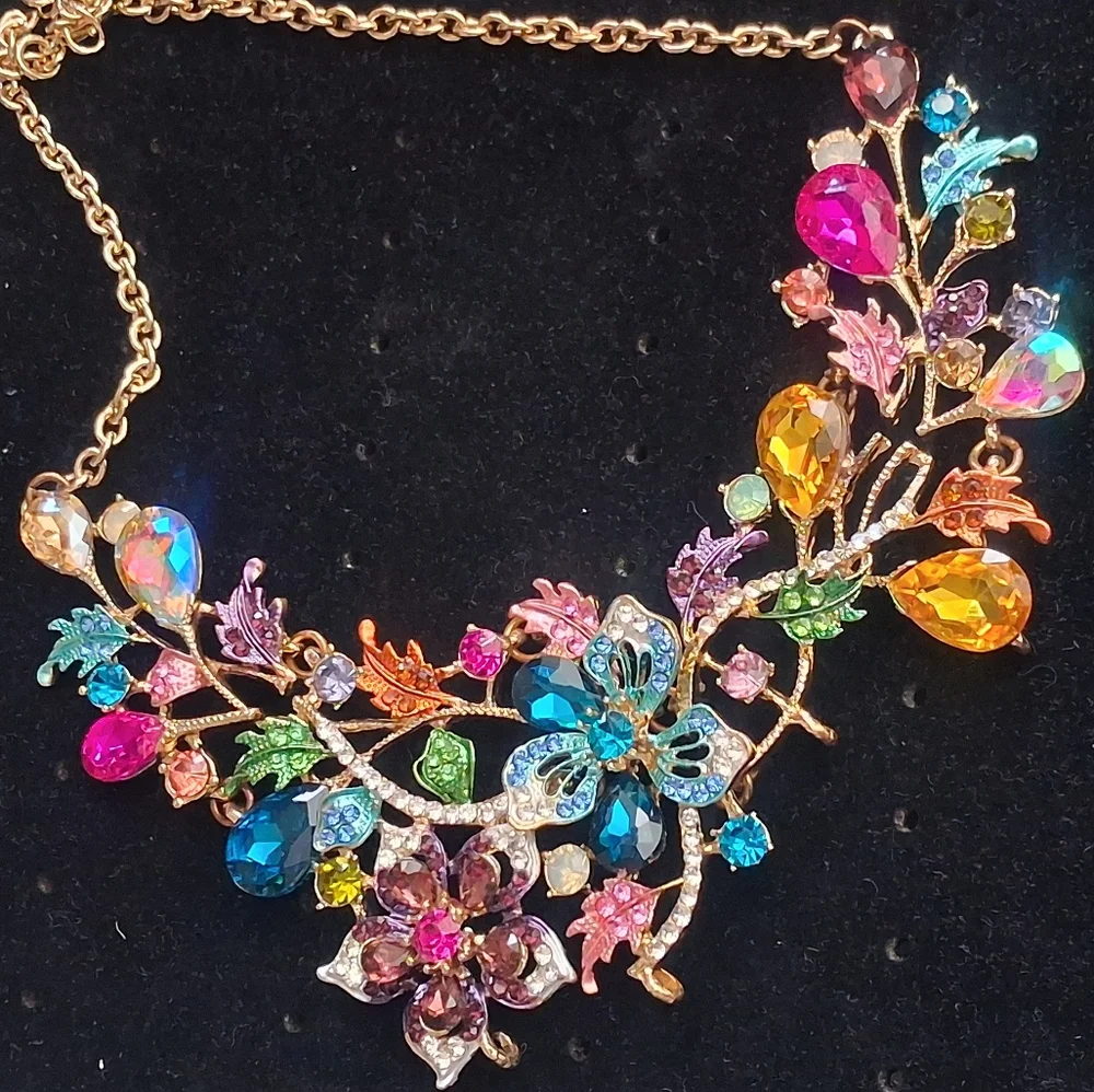 Goldtone Colorful Floral And Vine Statement Necklace